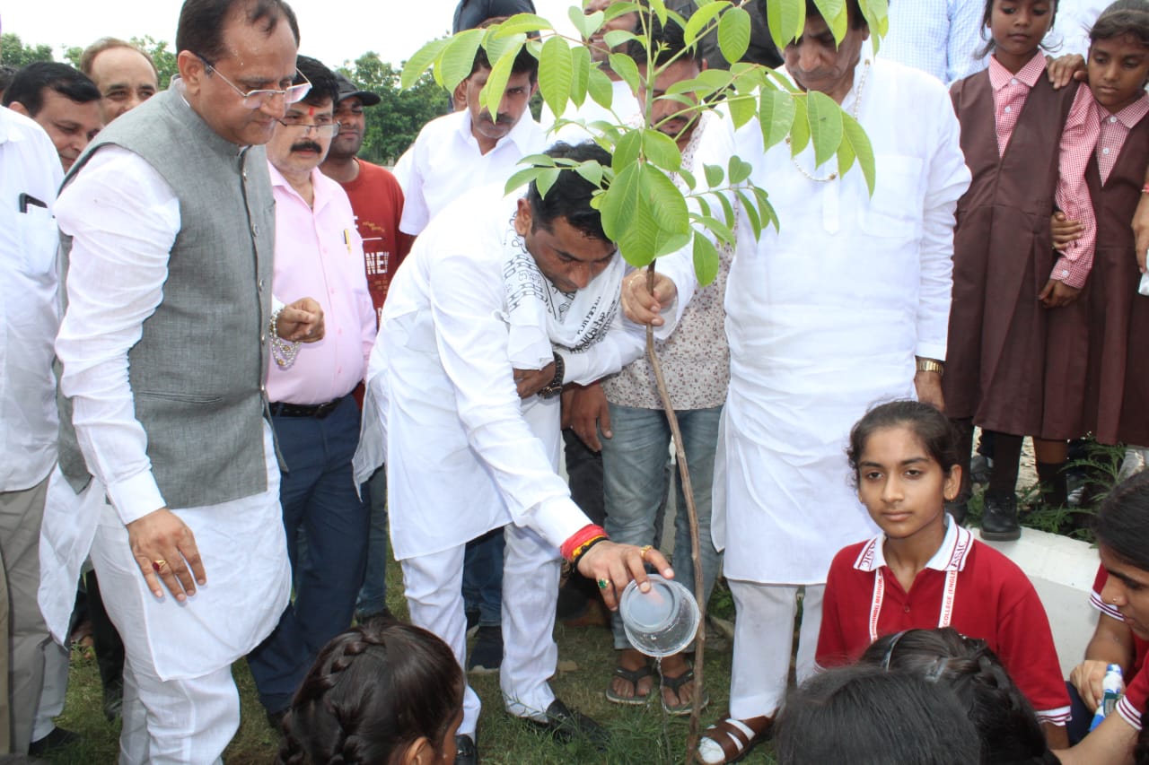 पौधारोपण करते ऊर्जा मंत्री सोमेंद्र तोमर व एमएलसी धर्मेंद्र भारद्वाज। फोटो फर्स्ट बाइट.टीवी