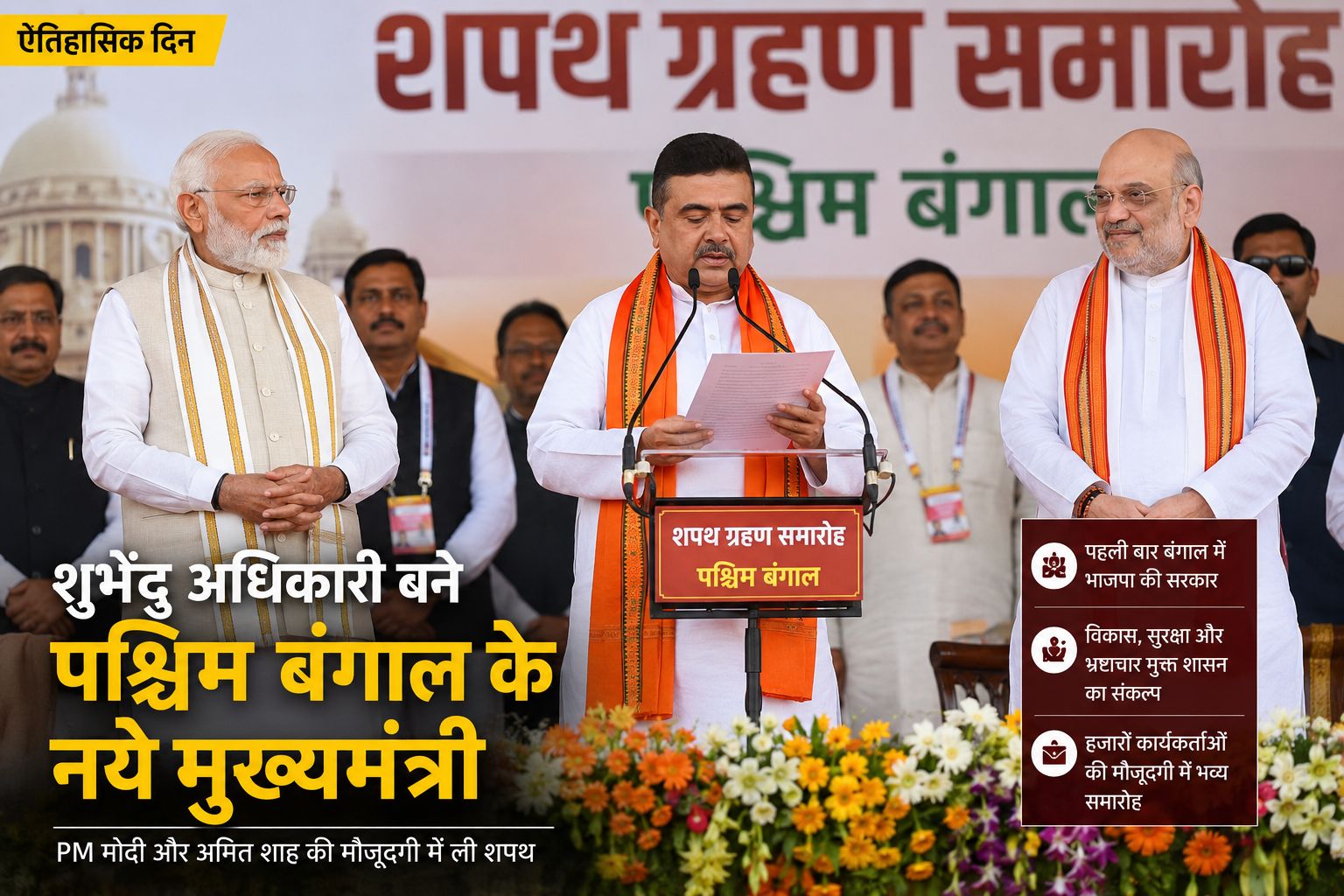 शुभेंदु अधिकारी बने पश्चिम बंगाल के मुख्यमंत्री, मोदी की मौजूदगी में ली शपथ